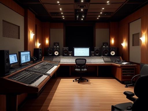 Interior view of a professional recording studio control room with mixing console and monitors.