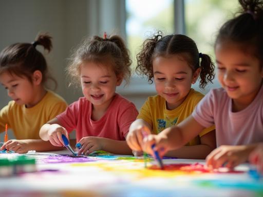Children participating in a vibrant art class activity, expressing themselves through painting.