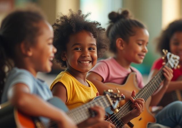 Group of children smiling while playing musical instruments together in a cheerful setting.